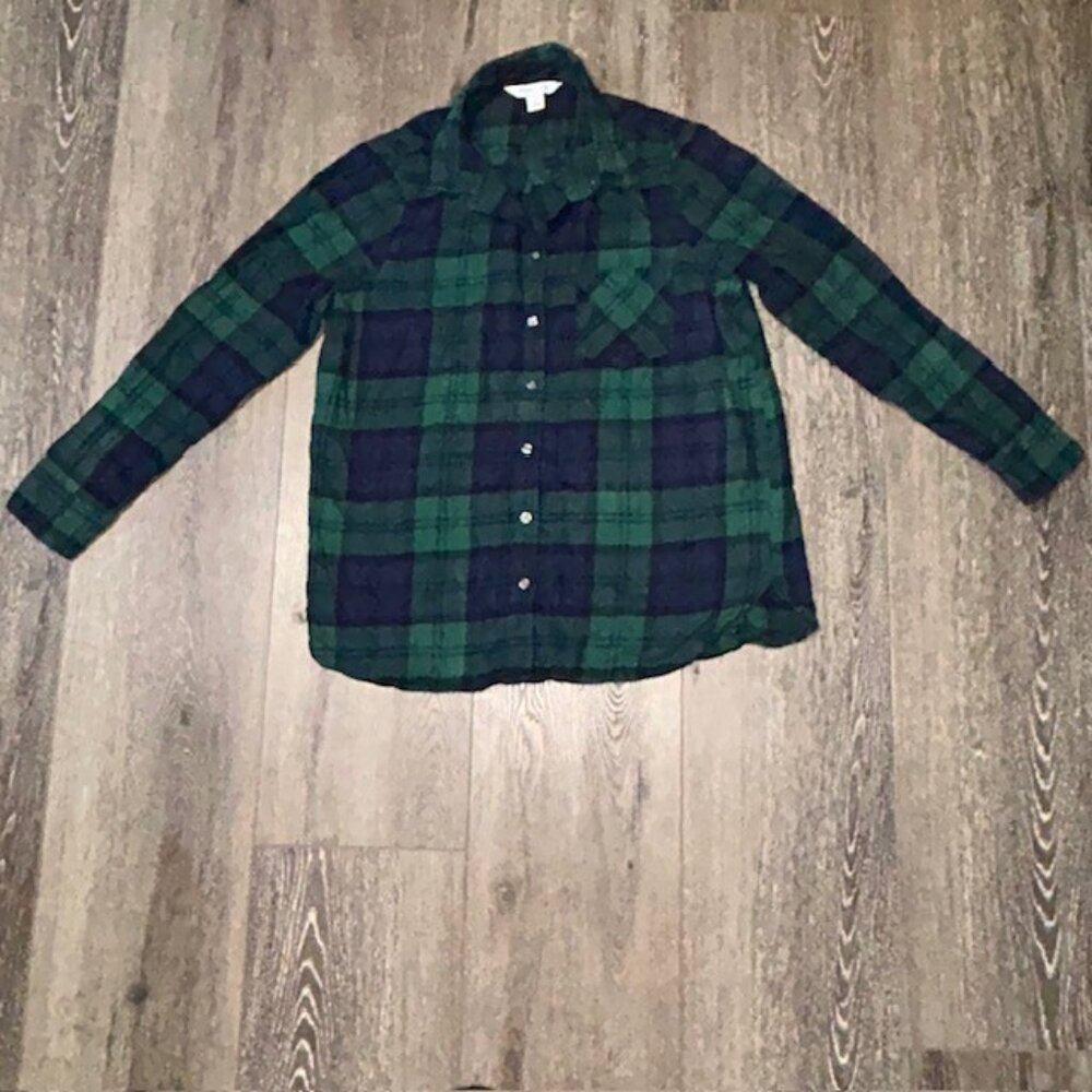 Old Navy Women's Long Sleeve The Classic Shirt Flannel Blue Green Plaid Size L